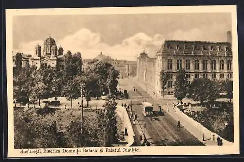 AK Bucuresti, Biserica Domnita Balasa si Palatul Justitiei, Strassenbahn