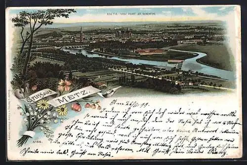 Lithographie Metz, Panorama vom Fort St. Quentin aus