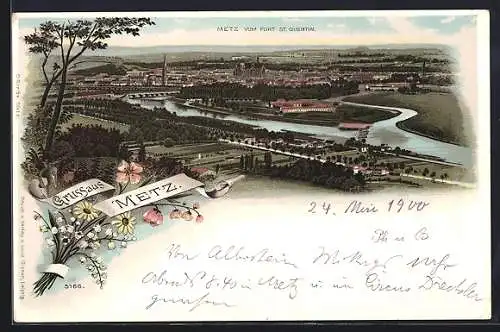 Lithographie Metz, Panorama vom Fort St. Quentin aus