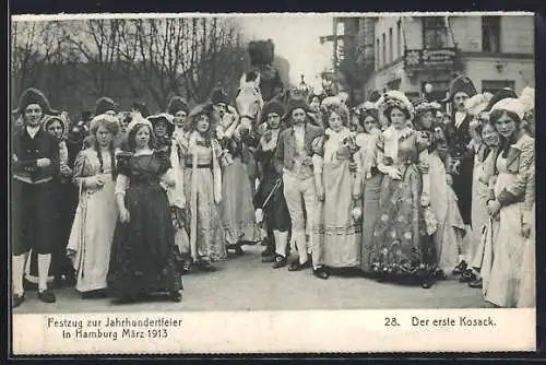 AK Hamburg, Festzug zur Jahrhundertfeier März 1913, 28. der erste Kosak zu Pferd, Frauen in Kleidern, Volksfest