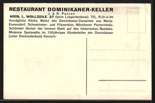 AK Wien, Restaurant Dominikaner-Keller in der Wollzeile 37 Bes.: J. & R. Parzer