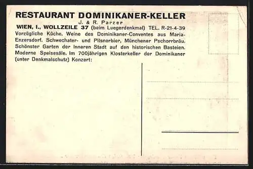 AK Wien, Restaurant Dominikaner-Keller in der Wollzeile 37 Bes.: J. & R. Parzer