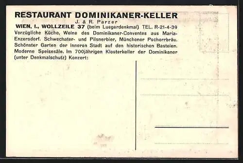 AK Wien, Restaurant Dominikaner-Keller in der Wollzeile 37 Bes.: J. & R. Parzer