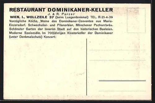 AK Wien, Restaurant Dominikaner-Keller in der Wollzeile 37 Bes.: J. & R. Parzer