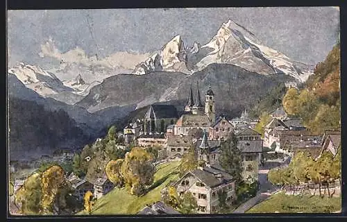 Künstler-AK Edward Harrison Compton: Berchtesgaden, Ortsansicht von oben