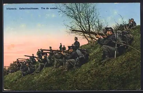 AK Grenzbesetzung 1914, Soldaten der Infanterie im Gefechtsschiessen