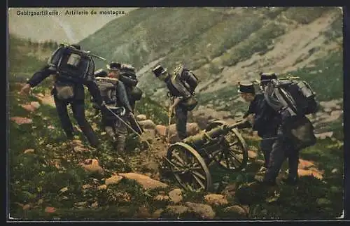 AK Grenzbesetzung 1914, Soldaten der Gebirgsartillerie mit einer Kanone