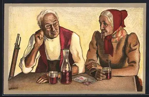 AK Mann und Frau trinken Wein, schweizerischer Schützenverein 1824-1924