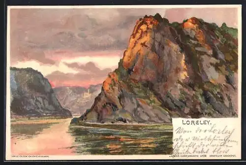 Künstler-Lithographie C. Pfaff: Loreley, Motiv des Felsens