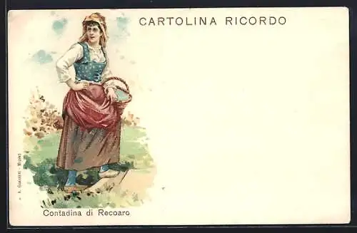 Lithographie Recoaro, Contadina, Frau in Tracht mit Korb