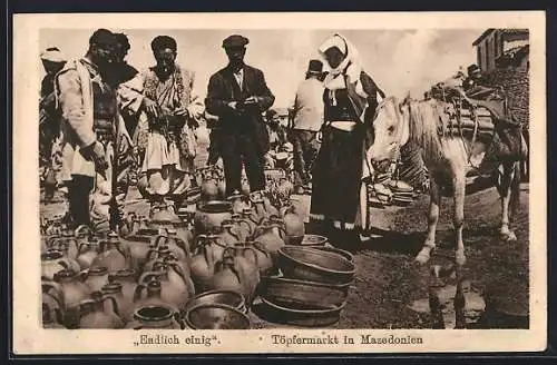 AK Mazedonien, Händler auf dem Töpfermarkt, Pferd