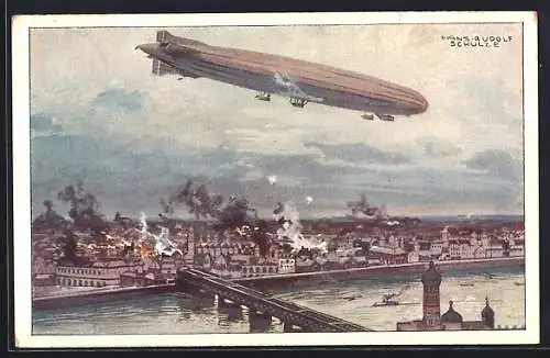 Künstler-AK Hans Rudolf Schulze: Zeppelin über einer bombardierten Stadt