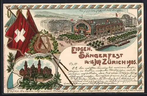 Lithographie Zürich, Eidgen. Sängerfest 1905, Tonhalle, Festhalle