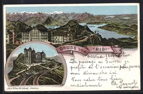 Lithographie Rigi, Hotel mit Bahn, Vierwaldstätter-See