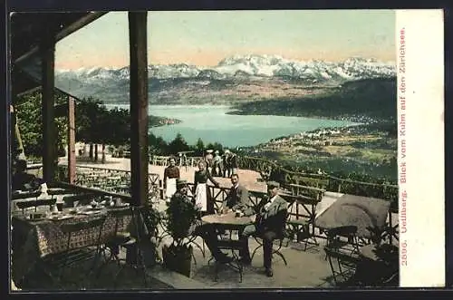 AK Uetliberg, Blick von Kulm auf den Zürichsee, Leute auf der Terrasse