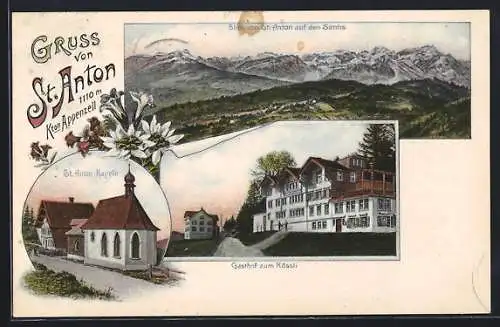 Lithographie St. Anton, Gasthof zum Rössli, St. Anton-Kapelle, Blick auf den Säntis