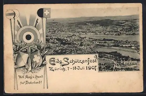 AK Zürich, Eidgenössisches Schützenfest 1907, Panorama, Zielscheibe mit Armbrust, Wappen