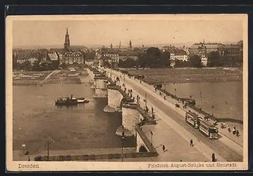 AK Dresden, Friedrich August-Brücke mit Strassenbahn und Neustadt