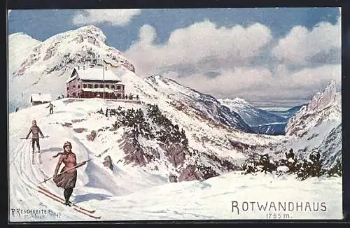 Künstler-AK Rudolf Reschreiter: Rotwandhaus, Berghütte und Skiläufer