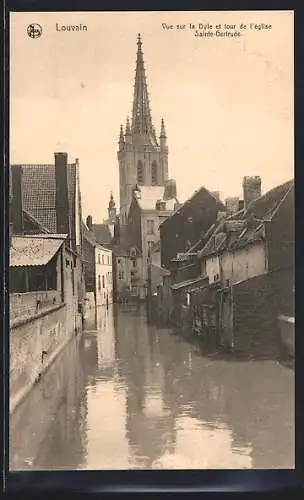 AK Louvain, Vue sur la Dyle et tour de l`église Sainte-Gertrude