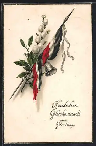 AK Kätzchenzweig mit Fahne und Glocke, Geburtstagsgruss