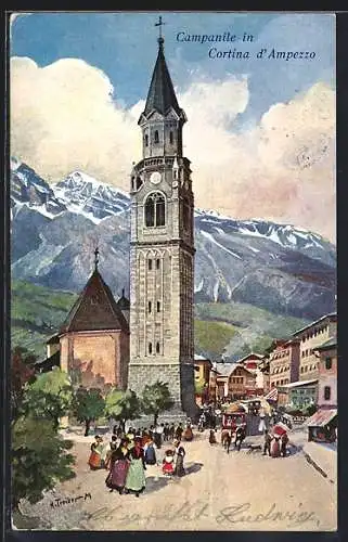 Künstler-AK Hans Treiber: Cortina d`Ampezzo, Campanile