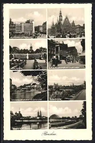 AK Breslau, Rathaus, Blücherplatz mit Hochhaus, Kaiserbrücke, Jahrhunderthalle