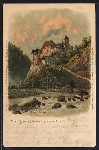 Künstler-Lithographie F.A.C.M. Reisch: Bozen / Bolzano, Blick zum Schloss Runkelstein