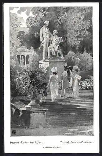 Künstler-AK Baden bei Wien, Strauss-Lanner-Denkmal