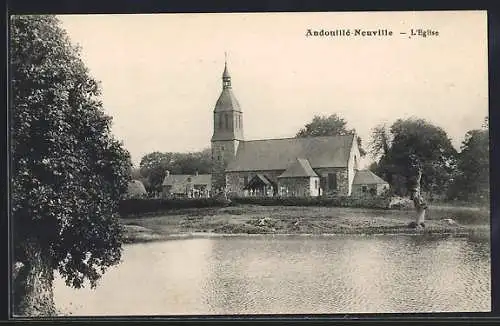 AK Andouillé Neuville, L`église près du lac