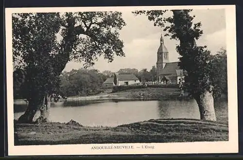 AK Andouillé-Neuville, L`Étang et l`église en arrière-plan