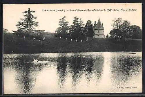 AK Antrain, Beau Château de Bonnefontaine du XVIe siècle, Vue de l`étang