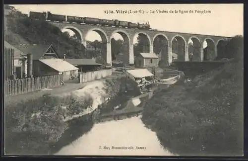 AK Vitré, Le Viaduc de la ligne de Fougères avec train à vapeur