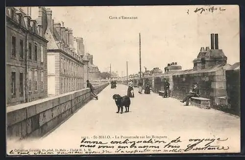 AK St-Malo, La Promenade sur les Remparts avec passants et chiens