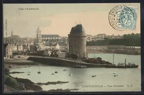 AK Saint-Servan, Vue générale avec tour et bateaux sur la Côte d`Émeraude