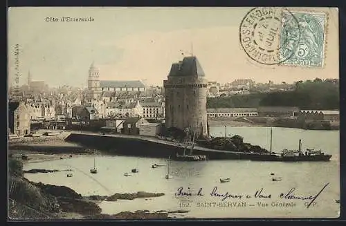 AK Saint-Servan, Vue générale de la tour Solidor et du port avec voiliers