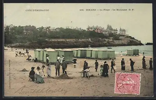 AK Dinard, La Plage, La Malouine avec baigneurs et cabines de plage