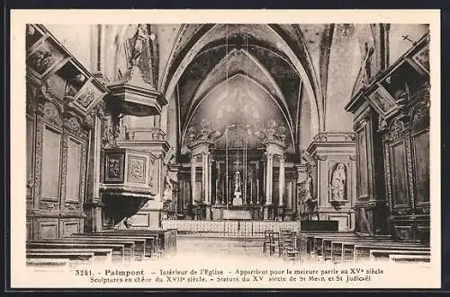 AK Paimpont, Intérieur de l`église avec sculptures en chêne du XVIIe siècle et statues de St Mern et St Judicaël