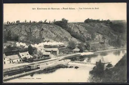 AK Pont-Réan, Vue générale du Boël avec chemin de fer et rivière