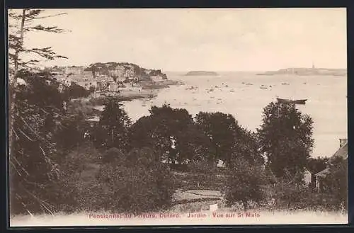 AK Dinard, Pensionnat du Prieuré, Jardin avec vue sur Saint-Malo