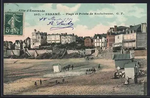 AK Paramé, Plage et Pointe de Rochebonne avec cabines de plage et chevaux sur le sable