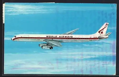 AK DC-8 super stretch intercontinental jetliner in flight, World Airways