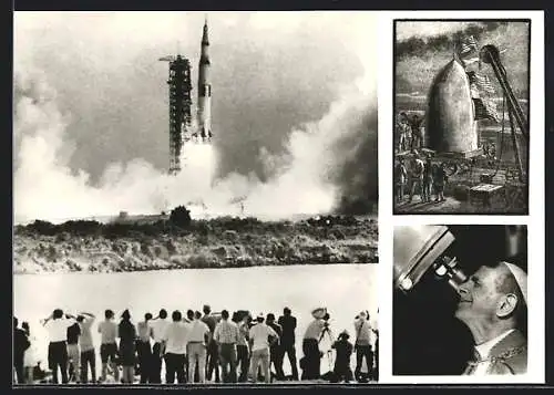 AK Saturn-5 Rakete beim Start, Papst Paul VI. am Teleskop, Mondrakete nach Jules Verne