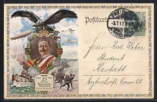 Künstler-AK Kaiser Wilhelm II. im Portrait mit schwarzem Adler, Zeppelin, Kriegsschiff. 25. Jähr. Regierungsjubiläum