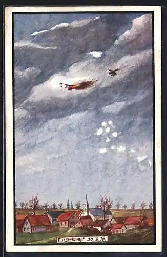 Künstler-AK Brennendes Doppeldecker-Militärflugzeug am Himmel, Fliegerkampf 1916