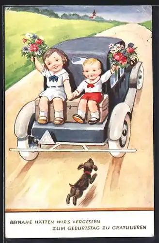 AK Auto, Zwei Kinder auf der Gepäckablage, der Hund rennt hinterher, Geburtstagskarte