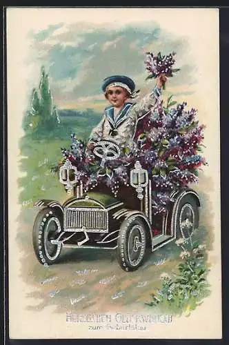 AK Auto vomm Blumen, Knabe im Matrosenkostüm am Steuer, Geburtstagskarte