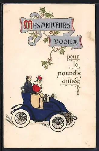 AK Mann und Frau im Auto mit offenem Verdeck, Neujahrskarte