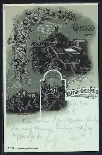 Mondschein-Lithographie Drachenfels, Restaurant auf dem Drachenfels, Zahnradbahn auf den Berg, Ortsansicht