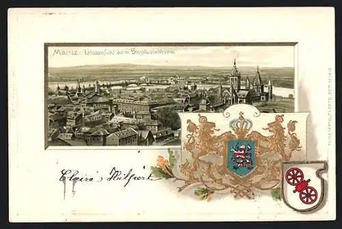 Passepartout-Lithographie Mainz, Totalansicht der Stadt vom Stephansturm aus, Wappen